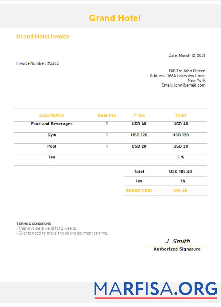 Downloadable USA Grand Hotel invoice sample